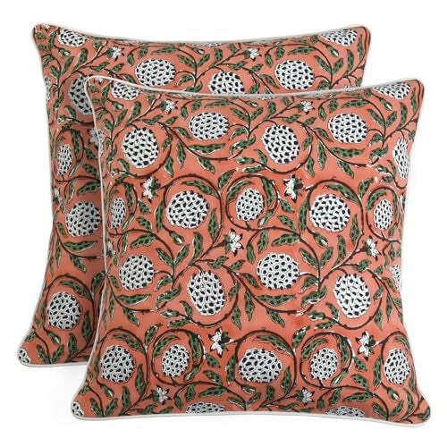 Ridhi Block Print Dark Salmon Pink Pillow Cover 20 x 20 Pack of 2 Decorative Couch Pillows for Living Room Chic Boho Cute Outdoor Pillows Covers Gifts for Spring Easter and Valentine - Image 1