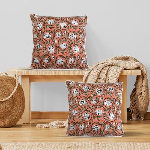 Ridhi Block Print Dark Salmon Pink Pillow Cover 20 x 20 Pack of 2 Decorative Couch Pillows for Living Room Chic Boho Cute Outdoor Pillows Covers Gifts for Spring Easter and Valentine - Image 3