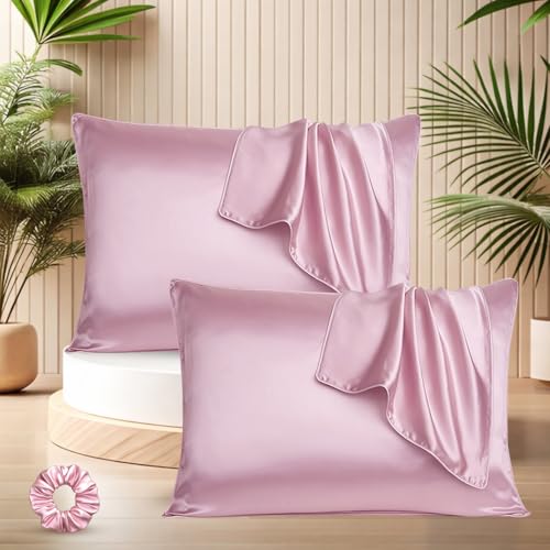 SITTELLA® 72x46 cm Set of 2 Satin Silk Pillow Covers | 600 TC Soft Pillowcase for Hair & Skin | Envelope Closure | Pink |1 Free Scrunchie Included - Image 1