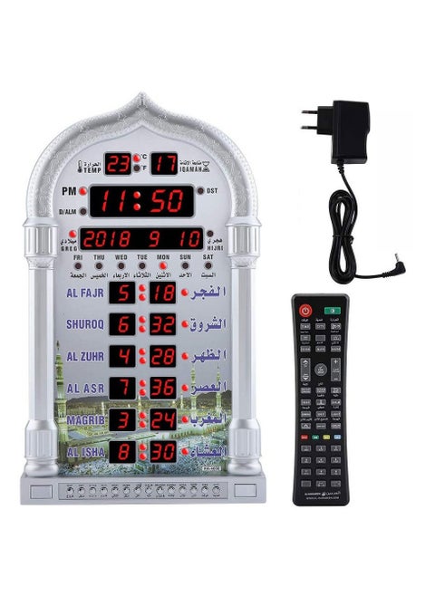 ساعة أذان رقمية مع شاحن وجهاز تحكم عن بعد، ساعة حائط dgital clcok لسطح المكتب، ساعة إسلامية، ساعة صلاة LED لقراءة المنزل/المكتب/المسجد ساعة أذان رقمية/ساعة ديكور فضية 23x5x39 سم