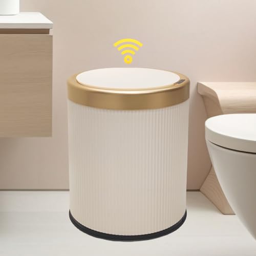 URALFA Automatic Motion Sensor Bathroom Trash Can with Lid, Touchless Trash Bin, Smart Dog Proof Garbage Can, Small Waste Basket for Toilet, Office, Bedroom, 2.8 Gallon, Cream White - Image 1