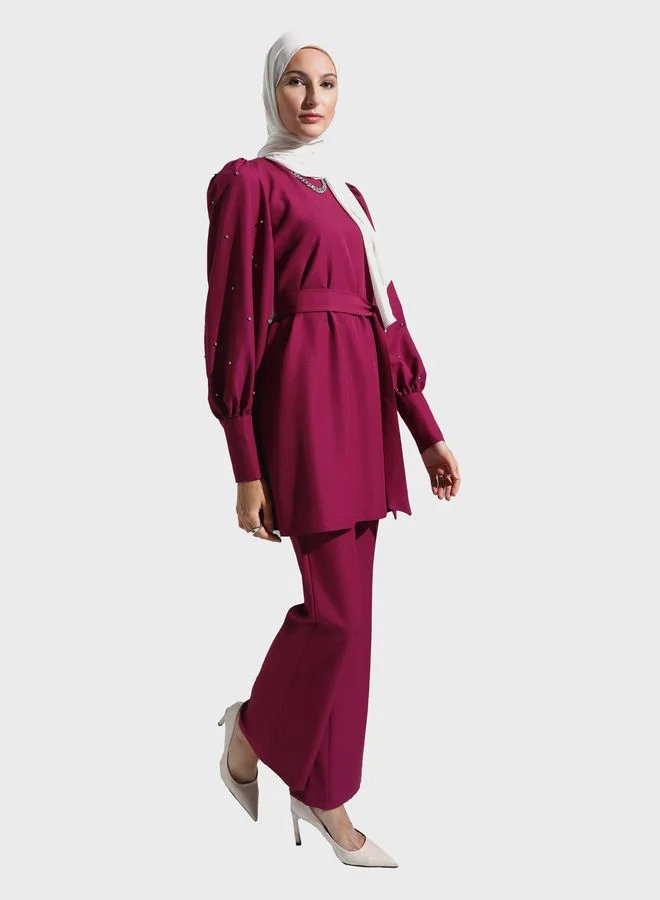 Refka by modanisa Embellished Puff Sleeve Tie Detail Top & Pants Set
