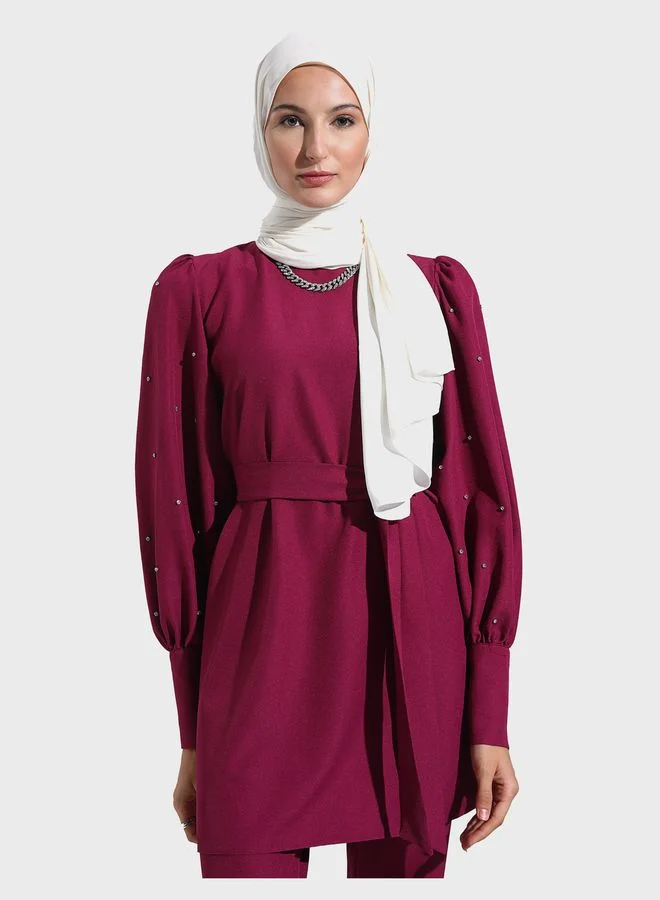 Refka by modanisa Embellished Puff Sleeve Tie Detail Top & Pants Set