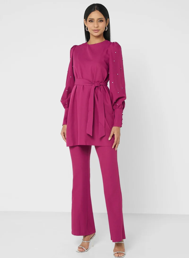 Refka by modanisa Embellished Puff Sleeve Tie Detail Top & Pants Set