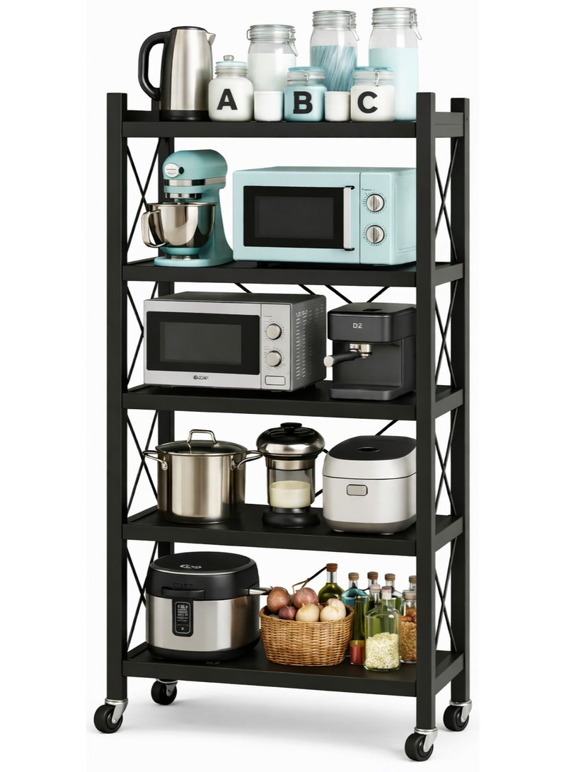 المفرج رفوف تخزين وتنظيم المطبخ حديد 5 طبقات سميكة مع عجلات , حامل تخزين وتنظيم المنزل اسود 34x71x160سم - Image 1