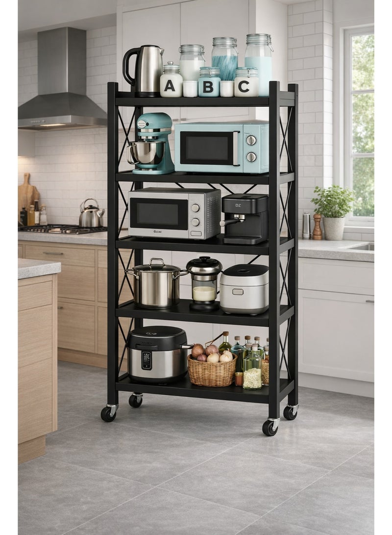 المفرج رفوف تخزين وتنظيم المطبخ حديد 5 طبقات سميكة مع عجلات , حامل تخزين وتنظيم المنزل اسود 34x71x160سم - Image 2