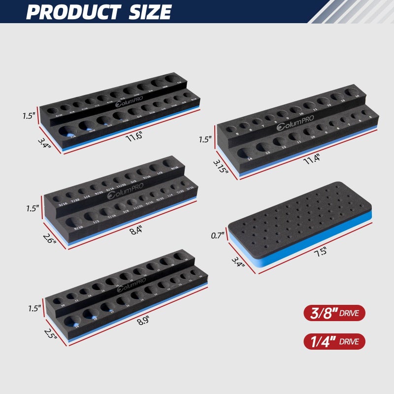 ColumPRO Foam Socket Organizer for Tool Box Drawer,Sockets Holder for Both 3/8&1/4â€ Square Drive Deep&Standard Sockets (Metric&SAE),and 1/4â€ Hex Bit Holder Organizer for 50 Bits,tool organizer trays - Image 4