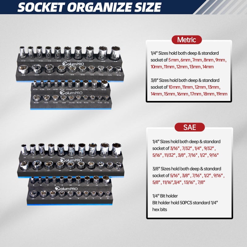 ColumPRO Foam Socket Organizer for Tool Box Drawer,Sockets Holder for Both 3/8&1/4â€ Square Drive Deep&Standard Sockets (Metric&SAE),and 1/4â€ Hex Bit Holder Organizer for 50 Bits,tool organizer trays - Image 3