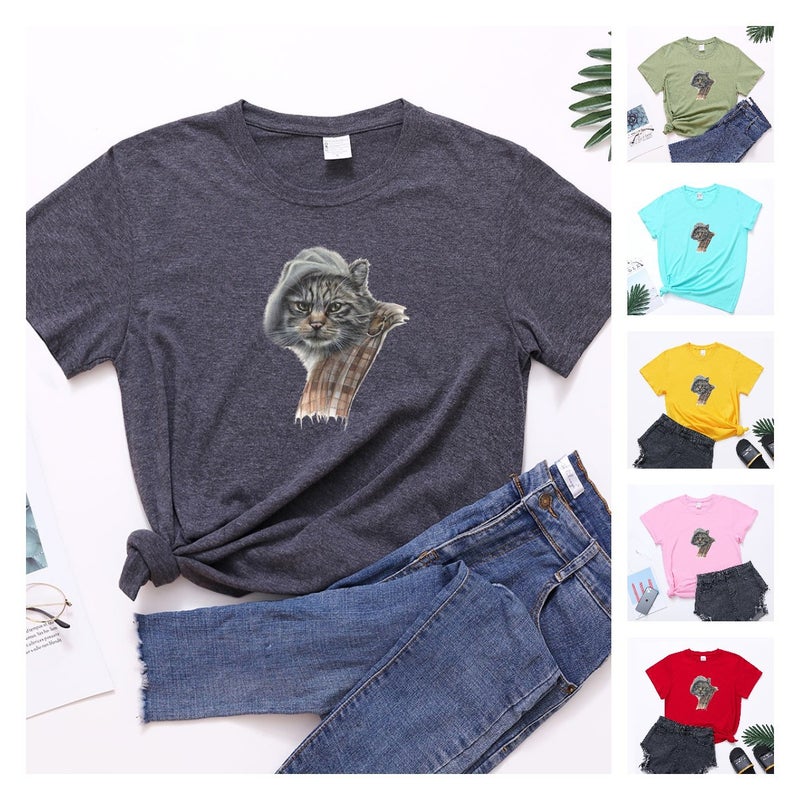 temu new forces supply spot cat head retro round neck T-shirt - Image 2