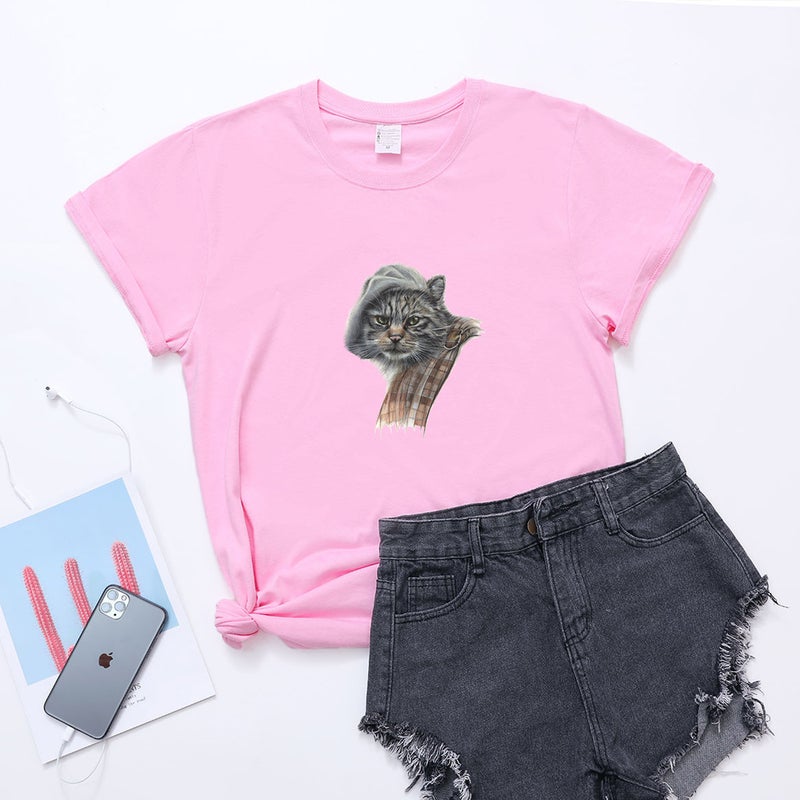 temu new forces supply spot cat head retro round neck T-shirt - Image 1