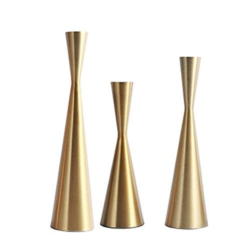 Set of 3 Brass Gold Metal Taper Candle Holders Candlestick Holders Vintage Modern Decorative Centerpiece Candlestick Holders for Table Mantel Wedding Housewarming Brass Golden SMLSet