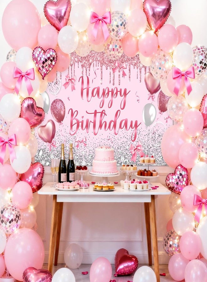 افيزانو لافتة عيد ميلاد سعيد باللون الوردي من أفزانو، فيونكة، خلفية عيد ميلاد سعيد باللون الذهبي الوردي للأميرة، بالونات لامعة وردية، لوازم زينة لافتة لحفلات أعياد ميلاد النساء والفتيات في سن 16 و18 و21 و30 (6 × 3.6 قدم) - Image 3