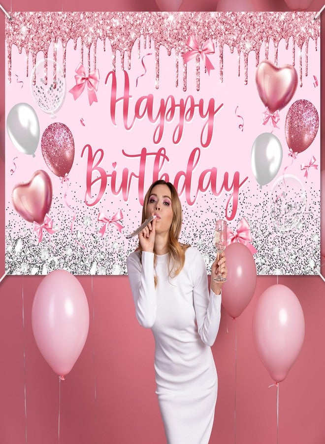 افيزانو لافتة عيد ميلاد سعيد باللون الوردي من أفزانو، فيونكة، خلفية عيد ميلاد سعيد باللون الذهبي الوردي للأميرة، بالونات لامعة وردية، لوازم زينة لافتة لحفلات أعياد ميلاد النساء والفتيات في سن 16 و18 و21 و30 (6 × 3.6 قدم) - Image 4