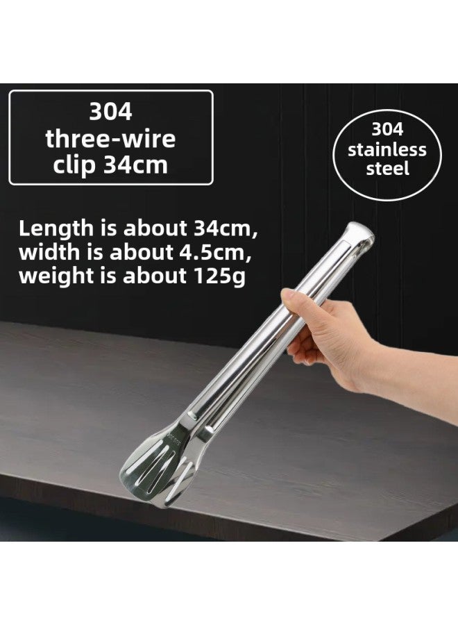 Thickened Stainless Steel Food Tongs Bread Tongs Barbecue Tongs Buffet Tongs Lotus Tongs Steak Tongs Barbecue Supplies-Color:304 Three-wire Clamp 34CM  - Image 1