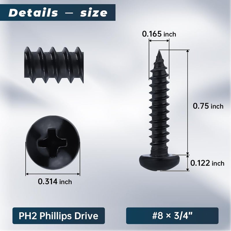 Glvaner #8 x 3/4 inch Phillips Pan Head Self Tapping Screws for Wood, Black Coated, 304 Stainless Steel 18-8, Round Head Sheet Metal Tek Screws, 50 pcs - Image 3