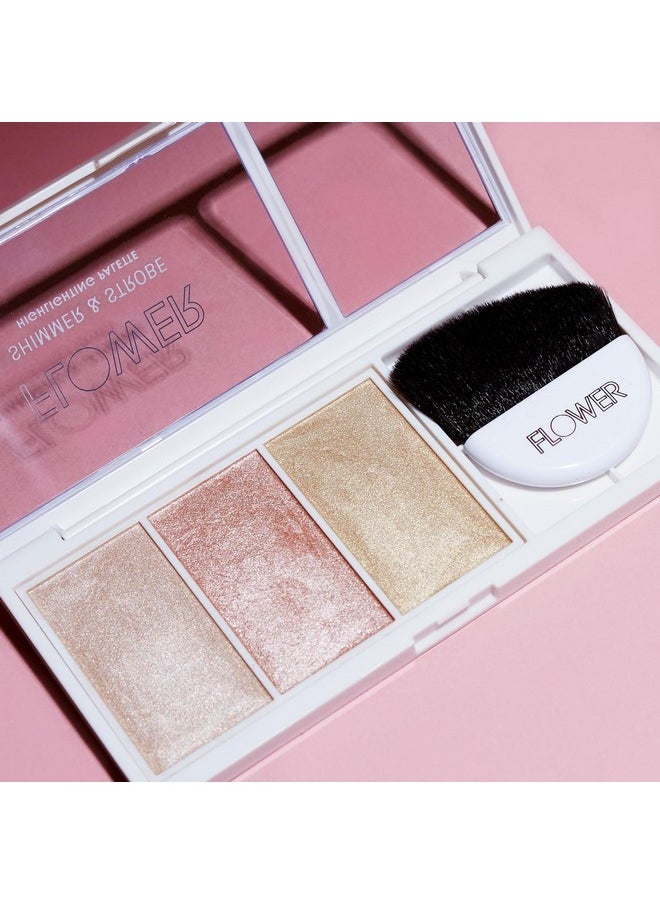 Flower Beauty - FLOWER Beauty By Drew Barrymore Shimmer + Strobe Highlighting Palette - Glowing Bronzer Powder Kit For Face + Blendable Coverage - Skintones + 3 Enhancing Colors (Strobe Brush) Included - Champagne Shimmer - Image 1