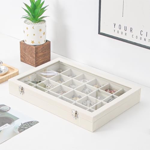 Coward Jewelry Organizer Box Beige Velvet 24 Grids Ring Earring Jewelry Display Tray Case with Transparent Glass Lid for Home Drawer or Shop Selling - Image 3