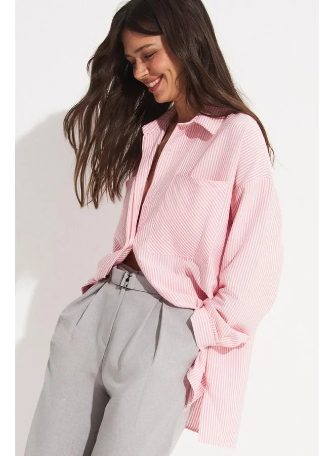 JUNE June Women Striped Woven Shirt with Pocket Detail Pink