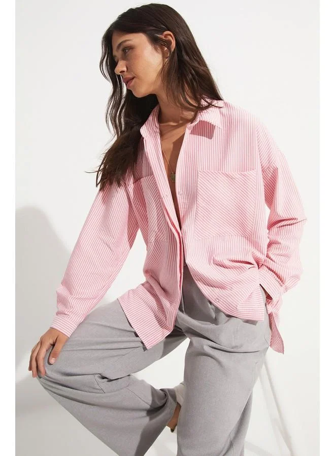 JUNE June Women Striped Woven Shirt with Pocket Detail Pink