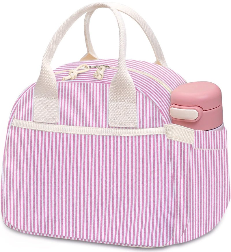 Carry bloom Lunch Box for Women, Insulated Lunch Bag Cute Corduroy Lunchbag Reusable Lunchbox for Work (1 pink white stripes) - Image 1