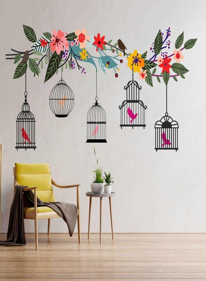 Rangoli Wall Sticker (PVC Vinyl, Self-Adhesive) DIY Decals, Living Room, Drawing Room, Hall, Decortation, Wallpaper (Colorful Flower Branch with Birds Cage) - Image 1