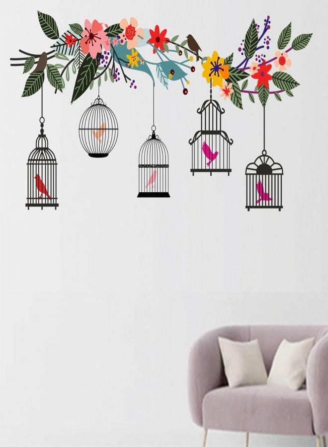 Rangoli Wall Sticker (PVC Vinyl, Self-Adhesive) DIY Decals, Living Room, Drawing Room, Hall, Decortation, Wallpaper (Colorful Flower Branch with Birds Cage) - Image 4