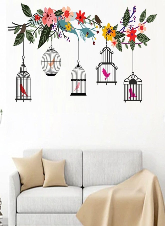 Rangoli Wall Sticker (PVC Vinyl, Self-Adhesive) DIY Decals, Living Room, Drawing Room, Hall, Decortation, Wallpaper (Colorful Flower Branch with Birds Cage) - Image 5