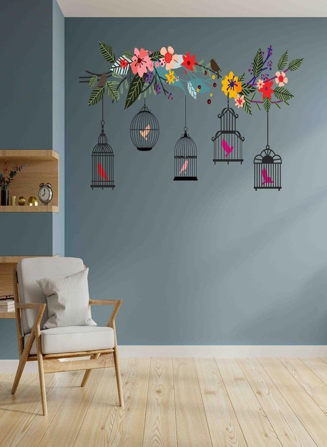 Rangoli Wall Sticker (PVC Vinyl, Self-Adhesive) DIY Decals, Living Room, Drawing Room, Hall, Decortation, Wallpaper (Colorful Flower Branch with Birds Cage) - Image 2