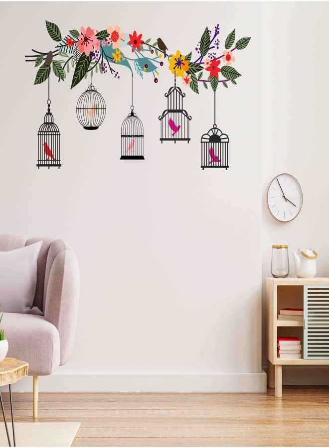 Rangoli Wall Sticker (PVC Vinyl, Self-Adhesive) DIY Decals, Living Room, Drawing Room, Hall, Decortation, Wallpaper (Colorful Flower Branch with Birds Cage) - Image 3