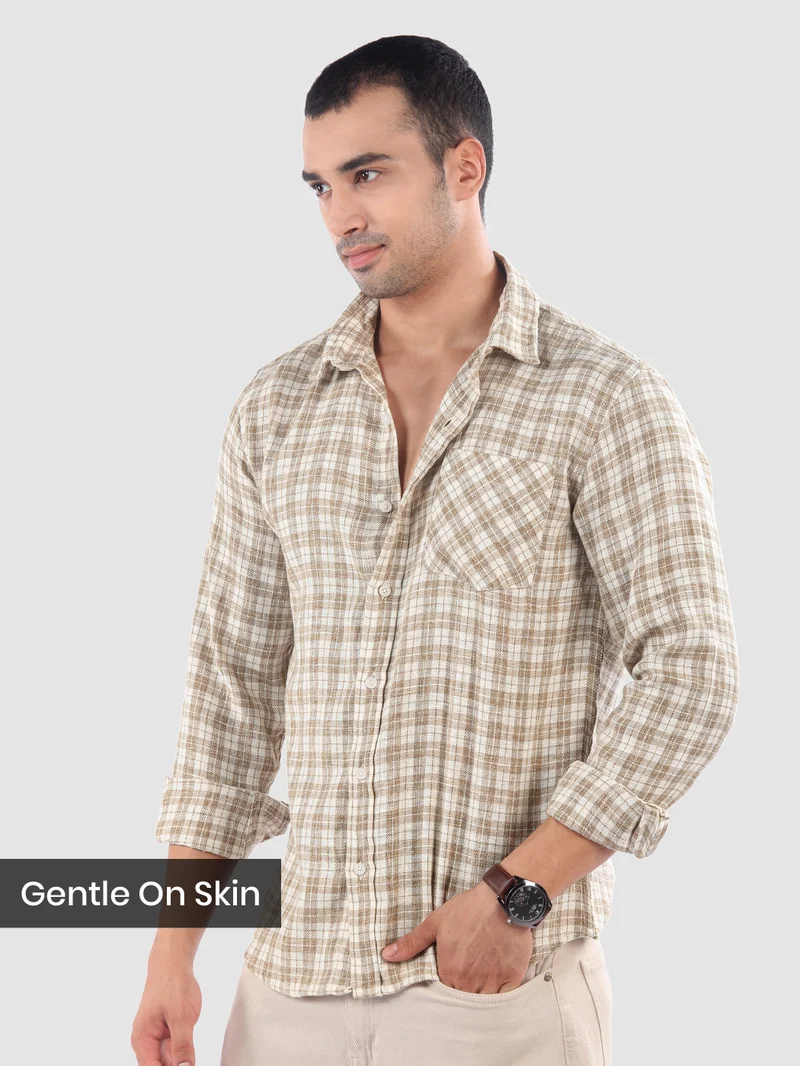 بيونغ قميص كاروهات بيج قطن