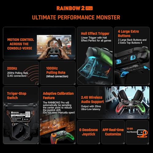 BIGBIG WON Wireless Controller Rainbow 2 Pro RGB PC 6-axis Gyro Sensor Controller Motion Aiming, Hall Effect Trigger, ALPS Joystick, 3.5mm Audio, Gamepads APP for Android/iOS/PC Windows10&11/Switch - Image 2
