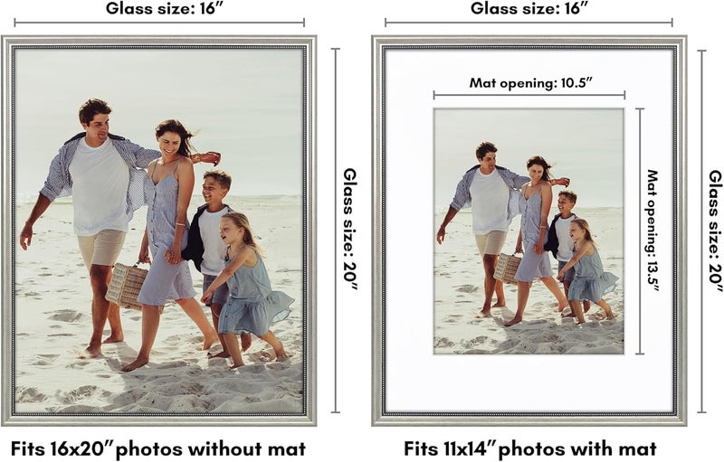 Americanflat Vintage Frames - 16x20 Picture Frame with Beaded Accents and Polished Plexiglass - Use as 11x14 Frame or 16x20 Frame Without Mat - Silver Antique Style Frames for Wall Display - Image 2