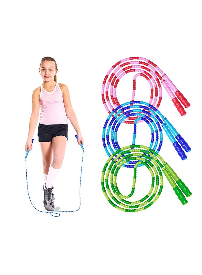 بوفان حبل قفز مكون من 3 قطع، قابل لتعديل الطول، مقسم إلى أجزاء ناعمة وخرزية، حبل قفز رياضي للأطفال والرجال والنساء، مناسب لفقدان الوزن، طوله 9.2 قدم. - Image 1