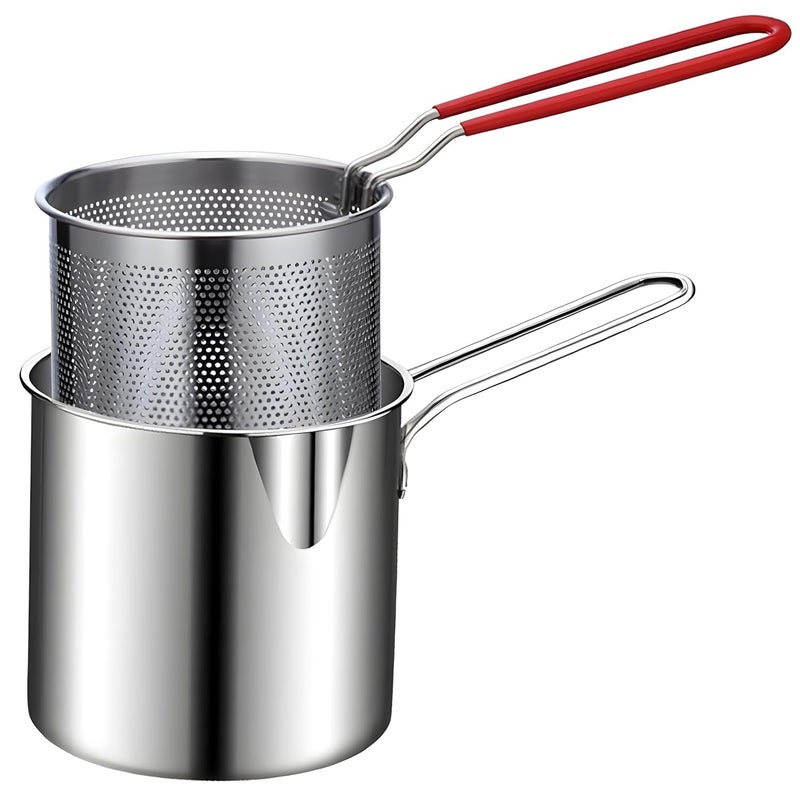 SK SOPPY Small Deep Frying Pot with Strainer Basket | 1200ml Stainless Steel Pan with Handle | Ideal for Frying French Fries/Chicken Wings/Shrimp/Fish/Boiling Butter/Sauce/Gravies/Pasta(1Piece) - Image 1