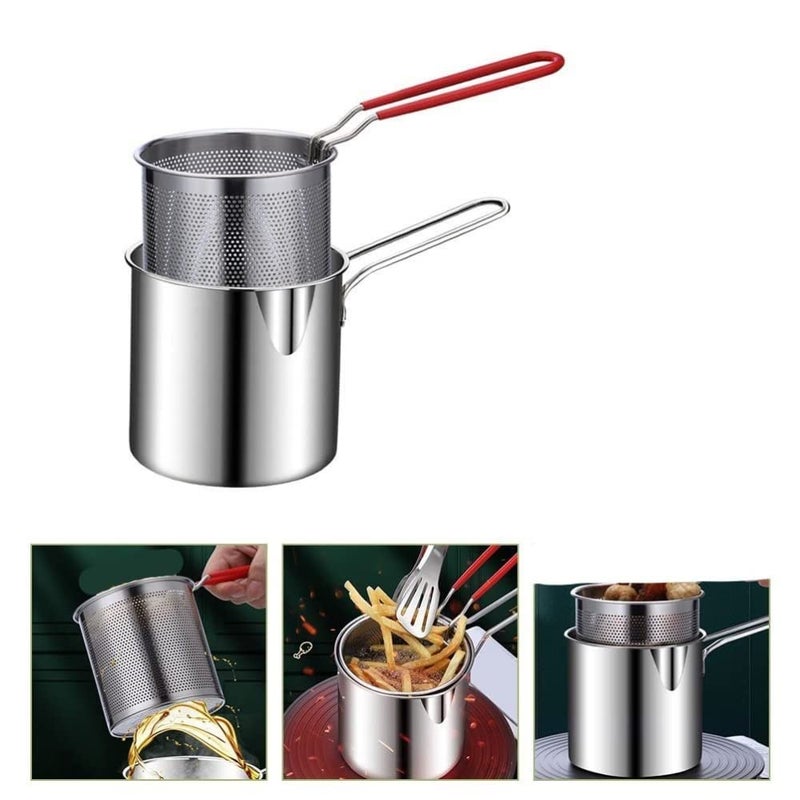 SK SOPPY Small Deep Frying Pot with Strainer Basket | 1200ml Stainless Steel Pan with Handle | Ideal for Frying French Fries/Chicken Wings/Shrimp/Fish/Boiling Butter/Sauce/Gravies/Pasta(1Piece) - Image 3