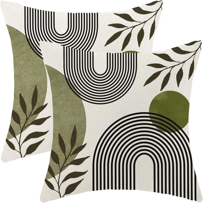Boho Pillow Covers 18x18 Pack of 2 Mid Century Boho Green Sunset Leaf Throw Pillow Covers,Modern Abstract Decorative Pillowcase Farmhouse Linen Cushion Case for Home Sofa Couch Outdoor