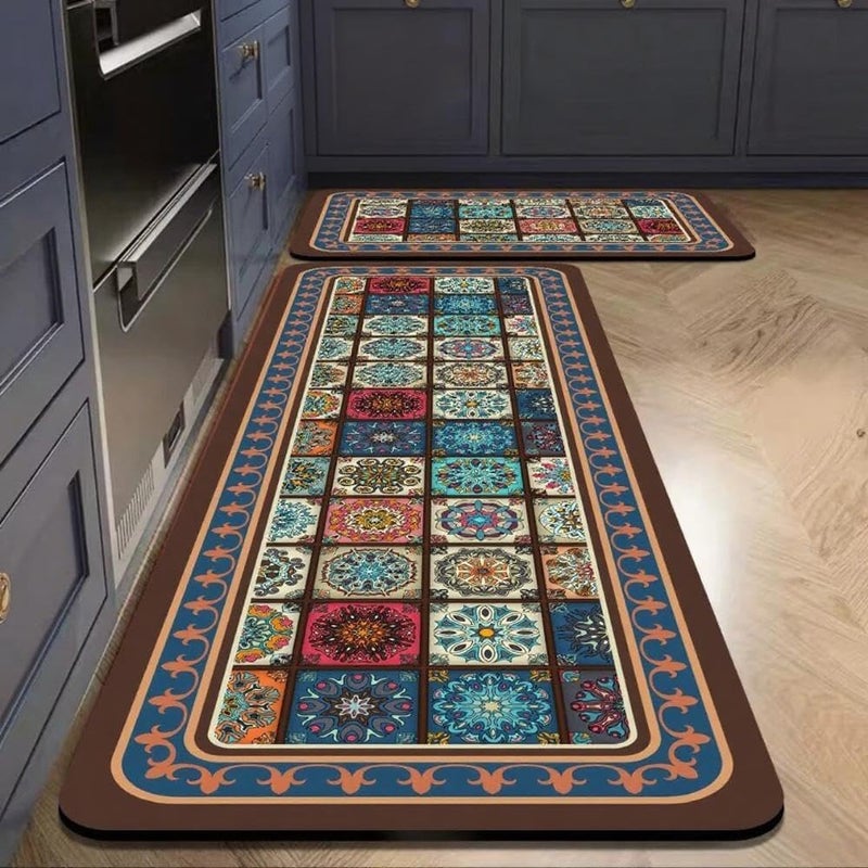 Xlot Kitchen Mats for Floor 2Pcs, Washable Anti Fatigue Mat for Cushioned, 15.7"x23.6"+15.7"x47.2", Waterproof Kitchen Rugs, Non Slip Comfort Standing Mat Rug for Home, Sink, Laundry (boho series 03) - Image 2