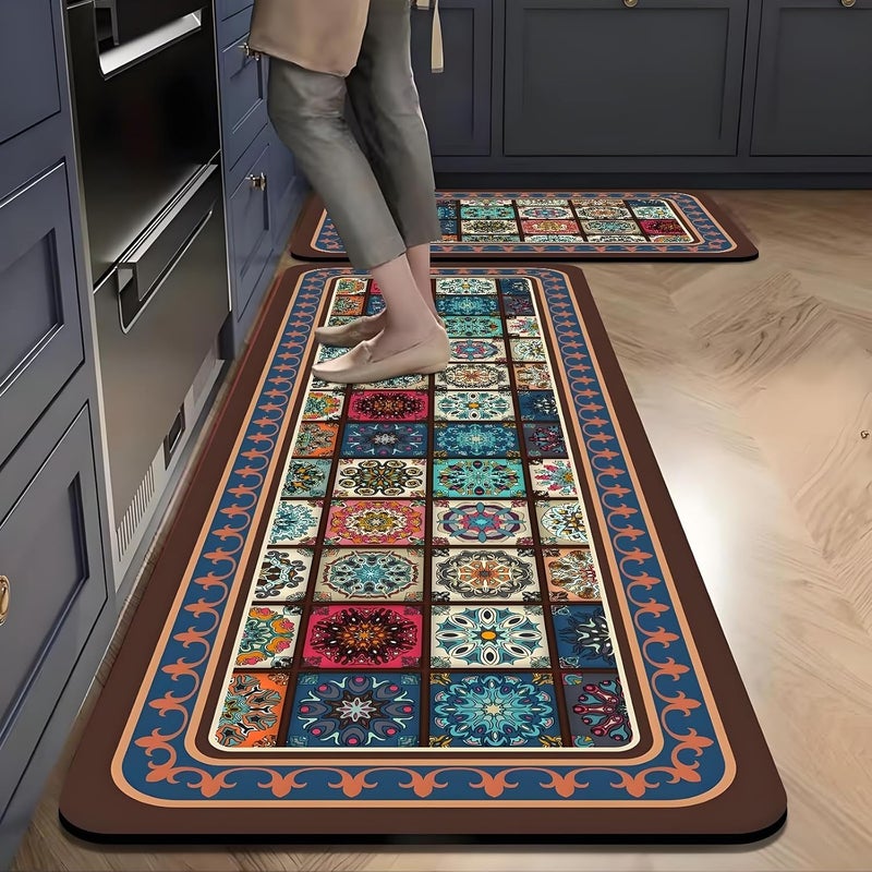 Xlot Kitchen Mats for Floor 2Pcs, Washable Anti Fatigue Mat for Cushioned, 15.7"x23.6"+15.7"x47.2", Waterproof Kitchen Rugs, Non Slip Comfort Standing Mat Rug for Home, Sink, Laundry (boho series 03) - Image 1