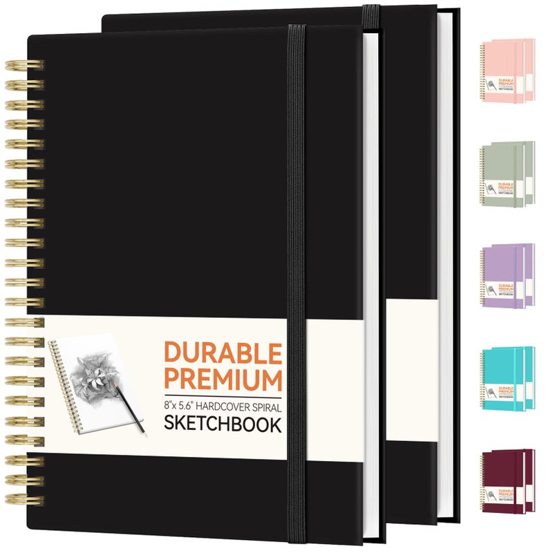 Forvencer 2 Pack Blank Spiral Notebook, 8"x 5.6"Hardcover Sketch Book, 100GSM Thick Paper, Art Sketchbook for Women & Adult, 2 x 100 pages Drawing Book Journal for School Office Drawing, Black - Image 1
