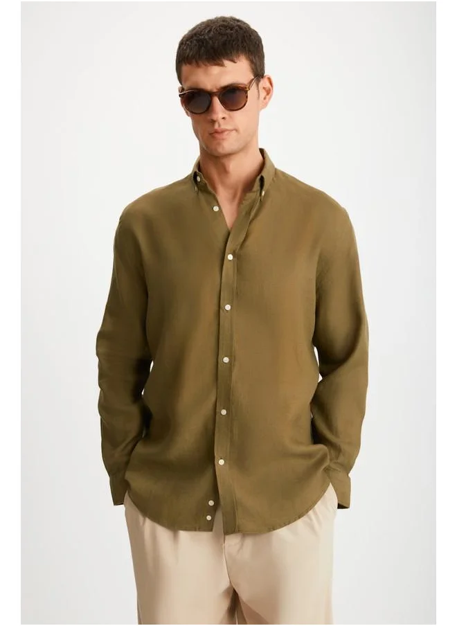GRIMELANGE Grimelange Hendra Men's Linen Regular Khaki Shirt