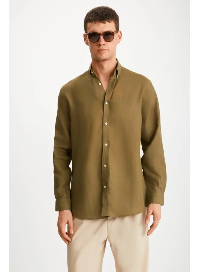 GRIMELANGE Grimelange Hendra Men's Linen Regular Khaki Shirt