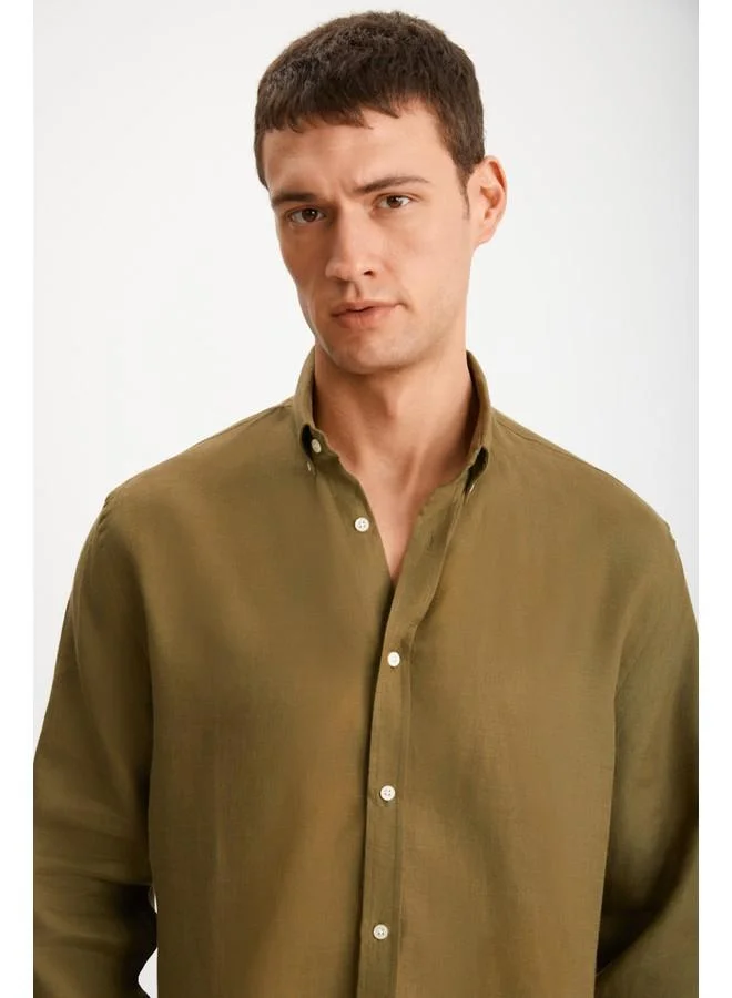 GRIMELANGE Grimelange Hendra Men's Linen Regular Khaki Shirt