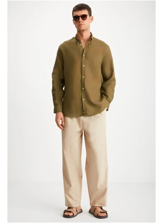GRIMELANGE Grimelange Hendra Men's Linen Regular Khaki Shirt