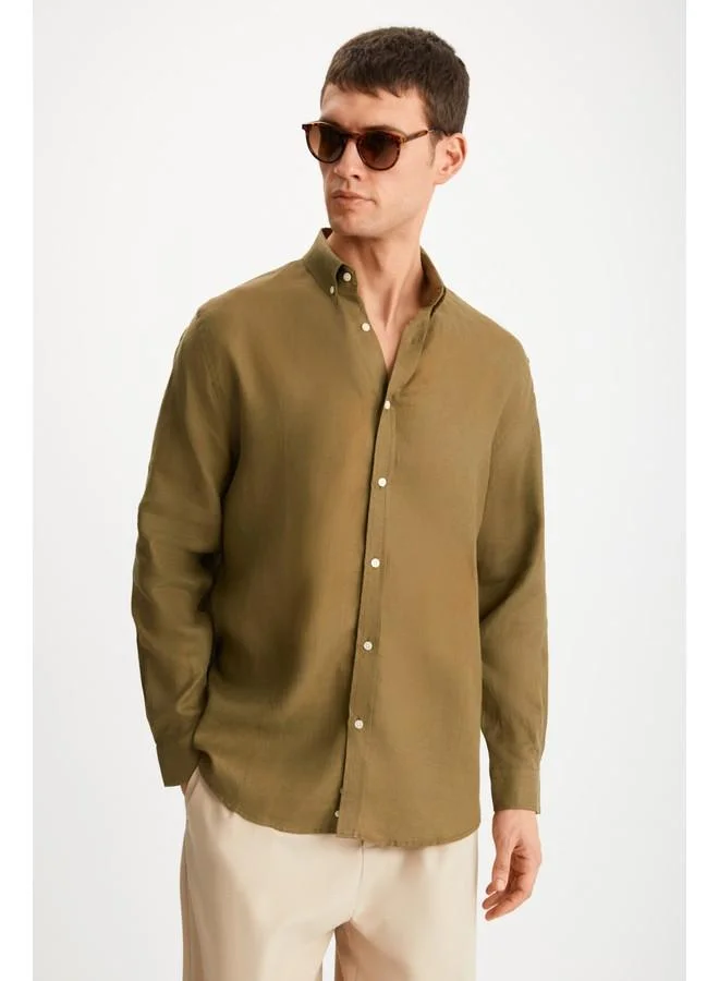 GRIMELANGE Grimelange Hendra Men's Linen Regular Khaki Shirt