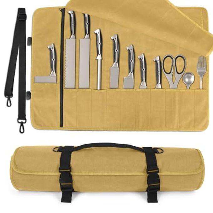lelezone Chef Knife Roll Bag, Waterproof Waxed Canvas Knife Case Holds Size Up to 18'', Knives Roll with 11 Slots Plus Zipper Pocket, Portable Knife Holder with Adjustable Strap for Kitchen Tools