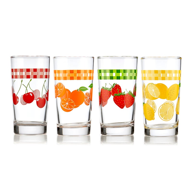 Libbey Vintage Juice Drinking Glasses Set of 4 Colorful Retro Fruit Design Glass Cups Set Dishwasher Safe Water Glasses Set for Everyday Beverages