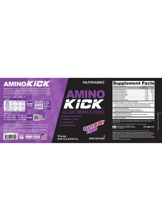 NutraBio Amino Kick - Amino Acid Energy Formula - BCAA's, Electrolytes for Hydration, Natural Caffeine- 30 Servings (Grape Berry Crush) - Image 2