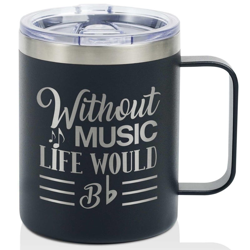 Onebttl Music Lover Gifts For Men Male Him  Without Music Life Would B Flat  12 oz 350 ml Insulated Mugs with Lid  Musician Gifts Musical Lovers Gift  Black