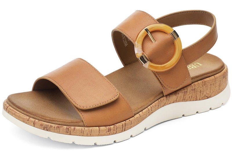 UBFEN Womens Flat Sandals Arch Support Open Toe Walking Comfy Casual Low Wedge Summer Shoes A Brown Size US 8 - Image 1