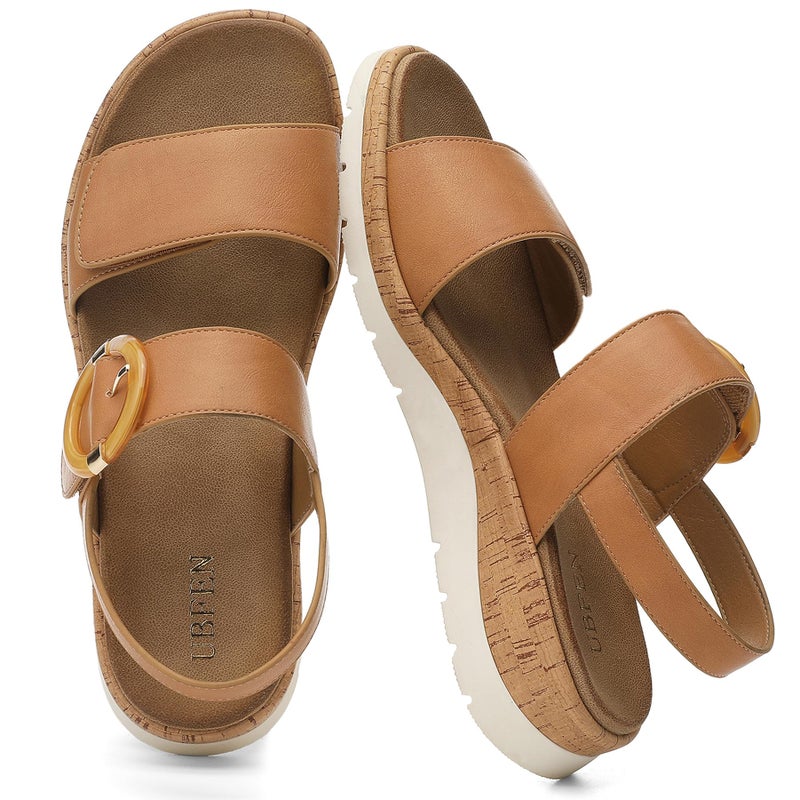 UBFEN Womens Flat Sandals Arch Support Open Toe Walking Comfy Casual Low Wedge Summer Shoes A Brown Size US 8 - Image 3